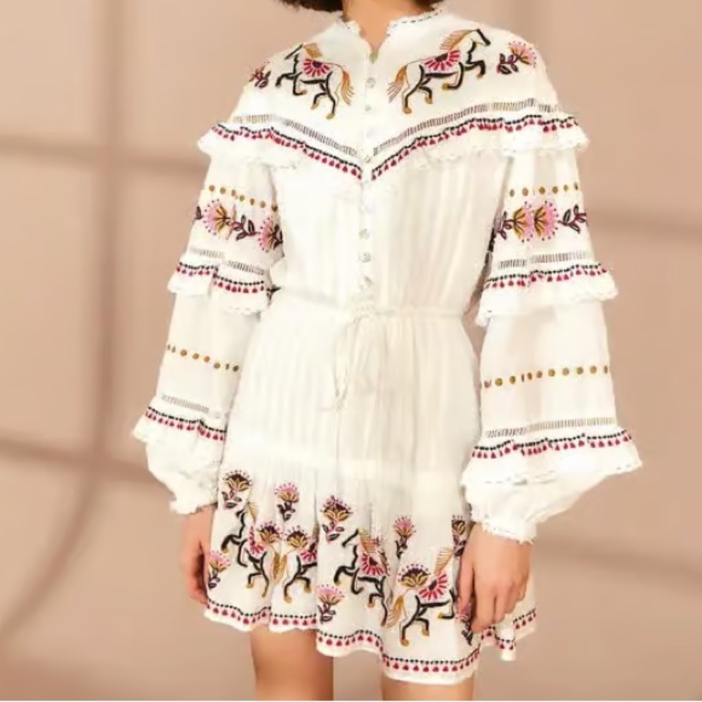FARM Rio Stitch Embroidered Horses White Ruffle Dress with Floral Accents XXS